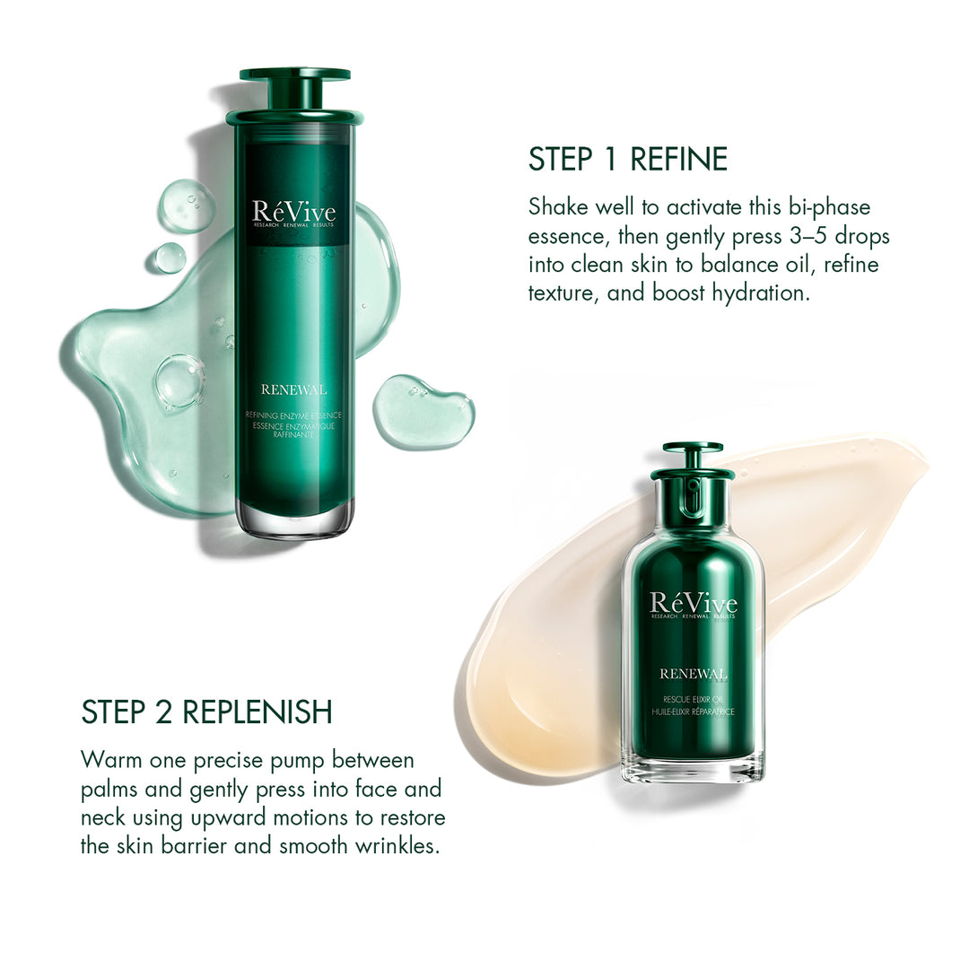 Holiday Set / Rescue Set APPLY GUIDE

STEP 1 REFINE
Shake well to activate this bi-phase
essence, then gently press 3-5 drops
into clean skin to balance oil, refine
texture, and boost hydration.

STEP 2 REPLENISH
Warm one precise pump between
palms and gently press into face and
neck using upward motions to restore
the skin barrier and smooth wrinkles.