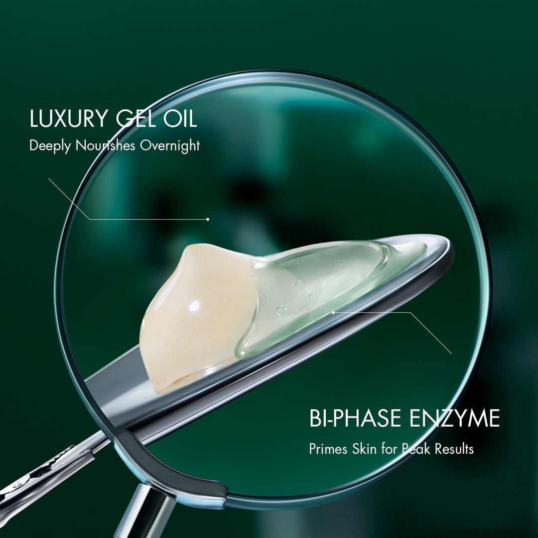 Close-up of a cosmetic dropper holding a clear glass droplet over a silver applicator, with text reading 'LUXURY GEL OIL' and 'BI-PHASE ENZYME' on a dark green background.